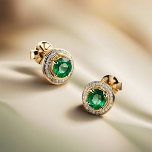 jolies boucles d'oreille en or, pierres de zirconium et émeraude, posées sur un écrin de soie beige